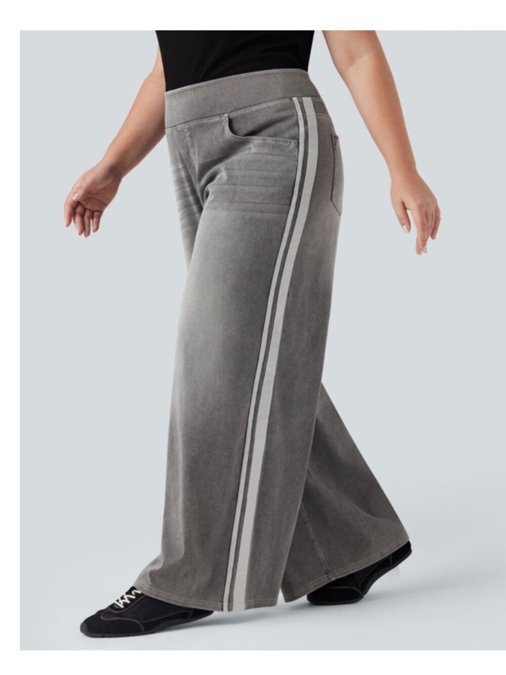 Halara Womens Wide-Leg Denim-Style Pants With Side Stripes 3X Gray Cotton Blend